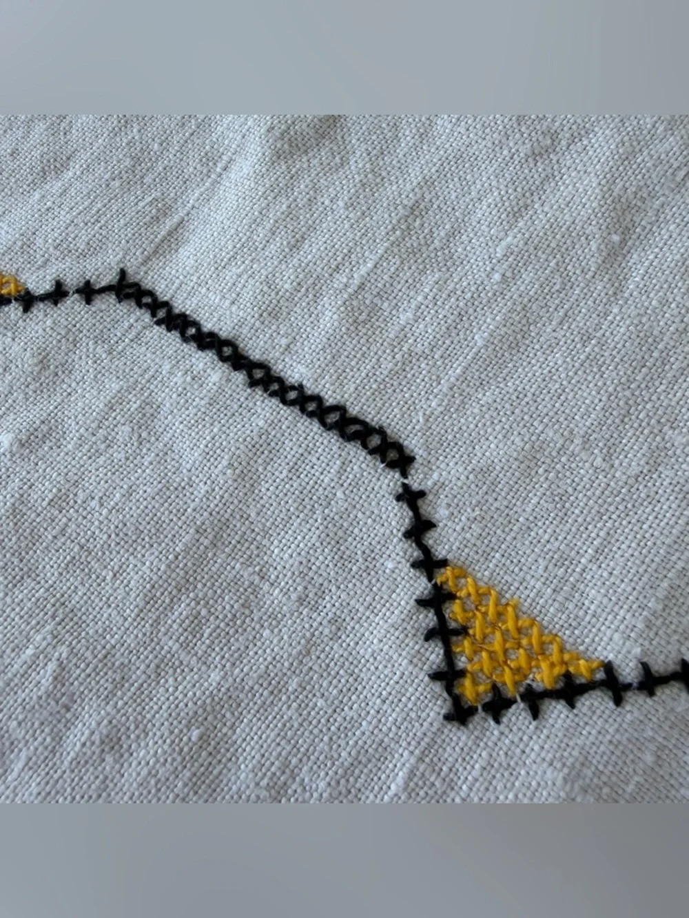 VTG Traditional Geometric Folk Cross Stitch Linen Tablecloth Black Yellow 47x64